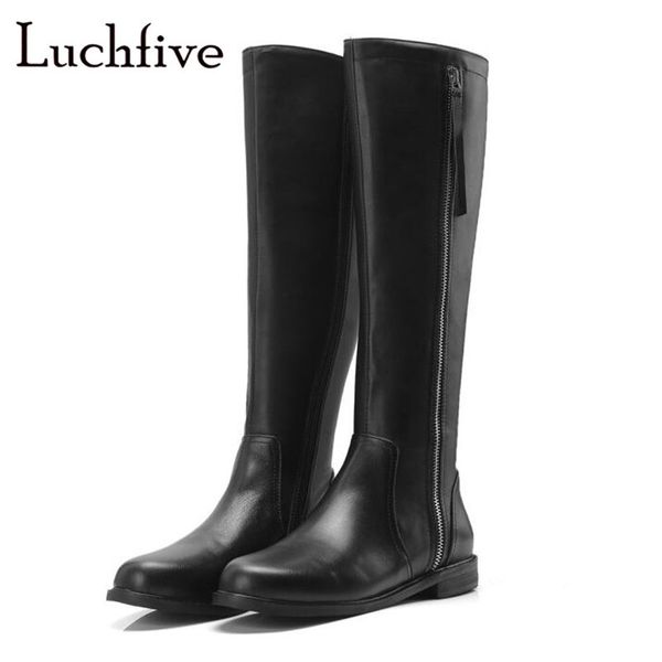 

fashion side zipper knee high boots women classic round toe square low heels shoes woman black solid winter long boots