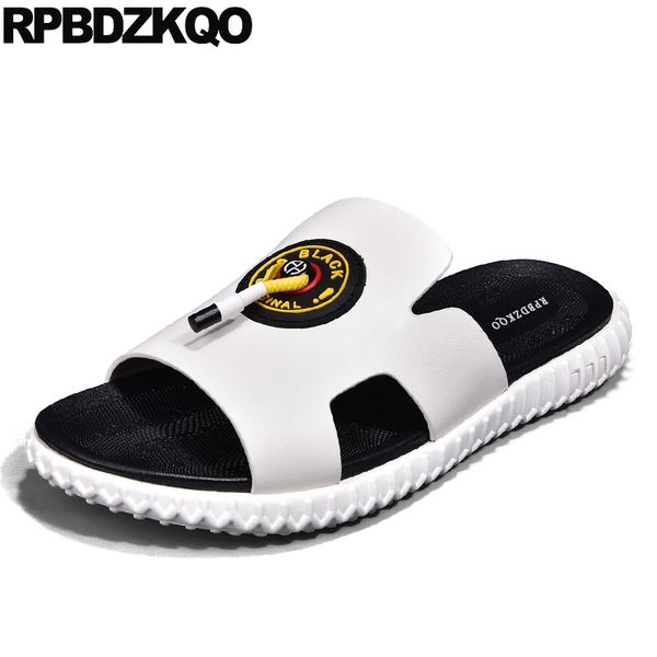 

flat sandals white slip on soft slides genuine leather designer shoes men beach slippers nice 2019 runway summer, Black