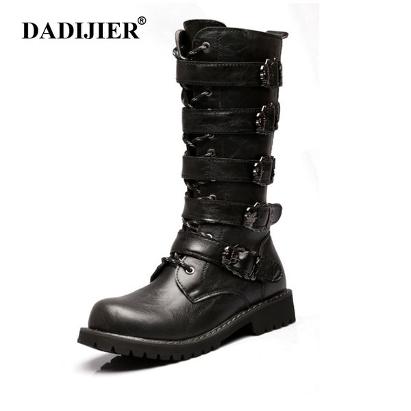 

dadijier army boots men high combat boots metal buckle mid calf male motorcycle leather shoes men rock zll221, Black