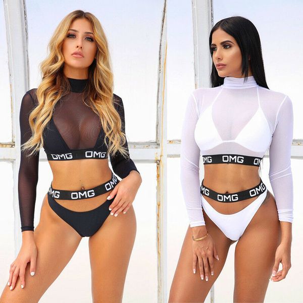 

2019 new woman letter print padded up bikini set long sleeve cover 3pcs set swimming bathing suit swimsuit