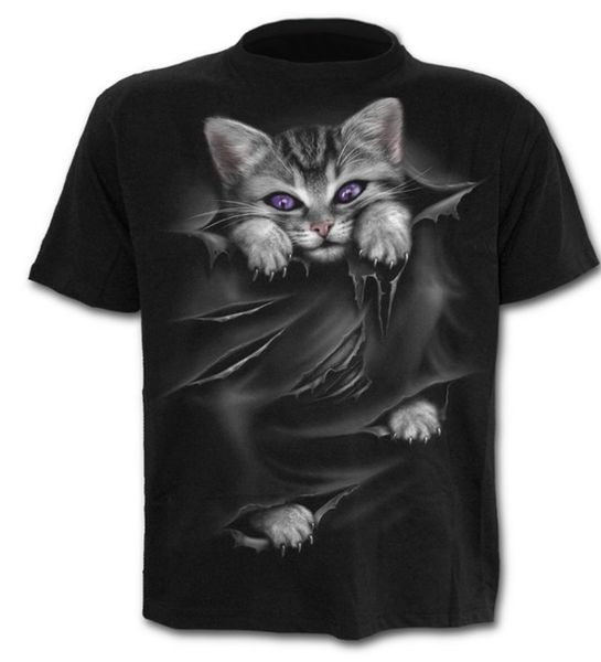 

men's thin t-shirt new round collar 3d digital printing t-shirt youth popular cat short sleeve, White;black