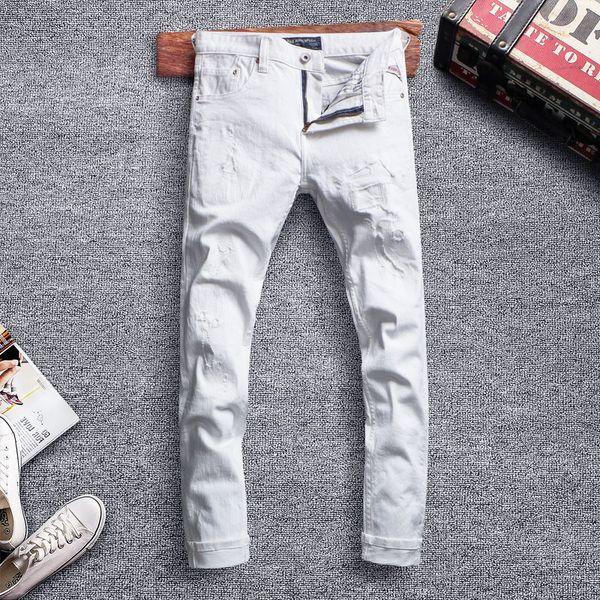 

fashion streetwear men jeans white color slim fit destroyed ripped jeans men night club punk pants designer hip hop homme, Blue