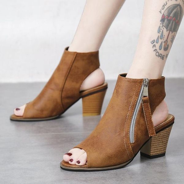 

2020 summer new fashion ladies sandals side zipper fish mouth square heel black women's shoes sandalias mujer plus size 35-43