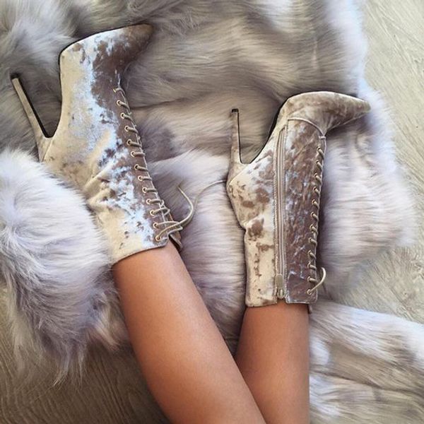 

women graceful silver velvet short boots pointed toe ankle boots fashionable lace-up dress thin high heel gladiator, Black