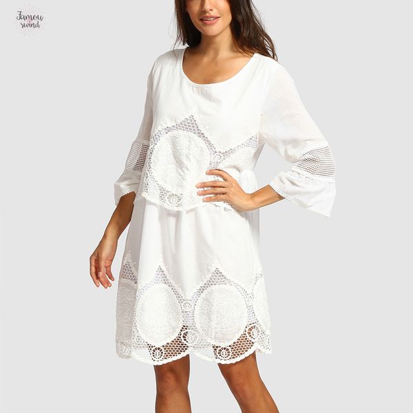 

jan14 пляж платье мода женщины мода плюс размер v шеи белые кружева вышивки выдалбливают вокруг шеи boho dropship платье, Black;gray