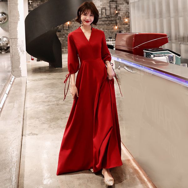 

red bride v-neck party dress oriental women elegant slim cheongsam puff sleeve wedding long qipao luxury robe vestido xs-xxxl, Black;gray