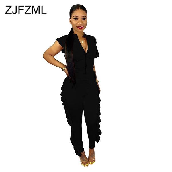 

double side ruffles rompers womens jumpsuit zipper up short sleeve bodycon overall summer deep v neck one piece skinny bodysuit, Black;white