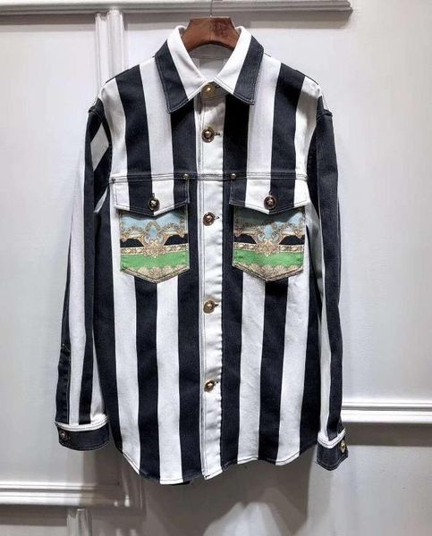 

2020 new fashion runway denim stripe splicing pocket casual n266, White