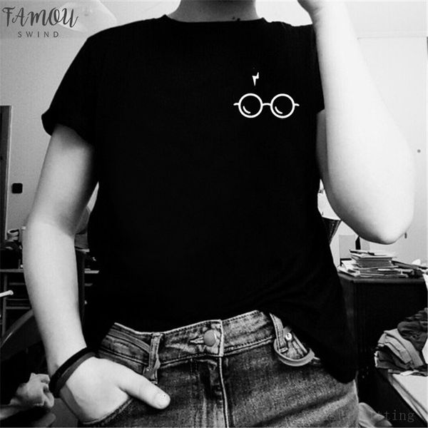 

women t shirts street fashion v neck summer black t shirt women glasses print casual slim t shirts, White