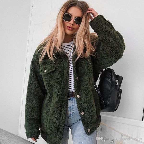 

winter fashion women lamb wool coats thickened lapel neck jackets casual single breasted coats women clothing, Black