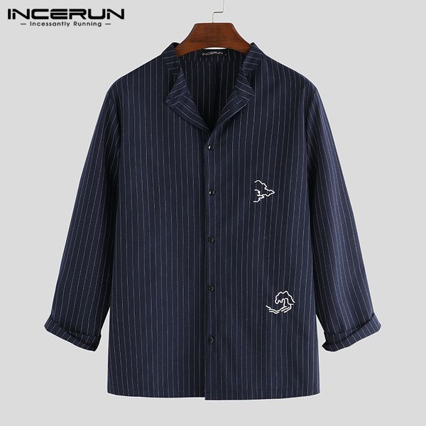 

incerun fashion chic embroidery men long sleeve collar stripe shirt streetwear retro comfort cotton mens button blouse 2019, White;black