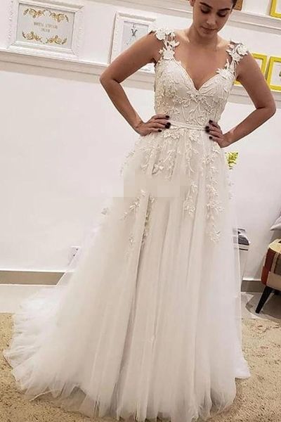 

2020 illusion back wedding dresses a line pearls beaded tulle sweep train straps lace applique sweetheart gowns vestido de novia, White