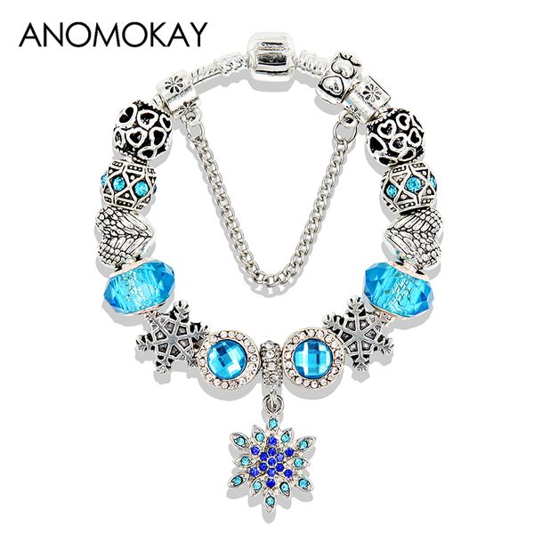 

2019 blue snowflake crystal charm bracelet silver heart bead bracelet & bangle pulseras for women men child birthday gift, Golden;silver