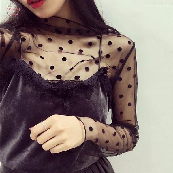 

mesh lace t shirt womens stand collar hollow out basic transparent pullover t shirts 2020 spring fashion, White