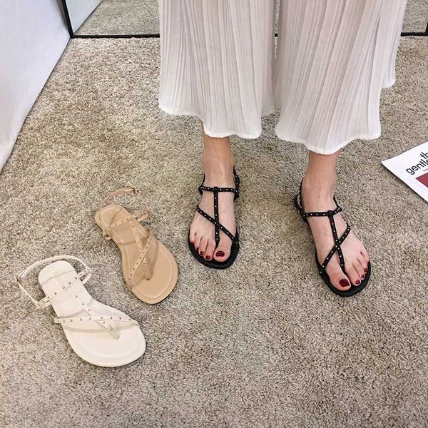 

women's shoes sandals 2020 new summer toe rivet flat shoes beach, Black