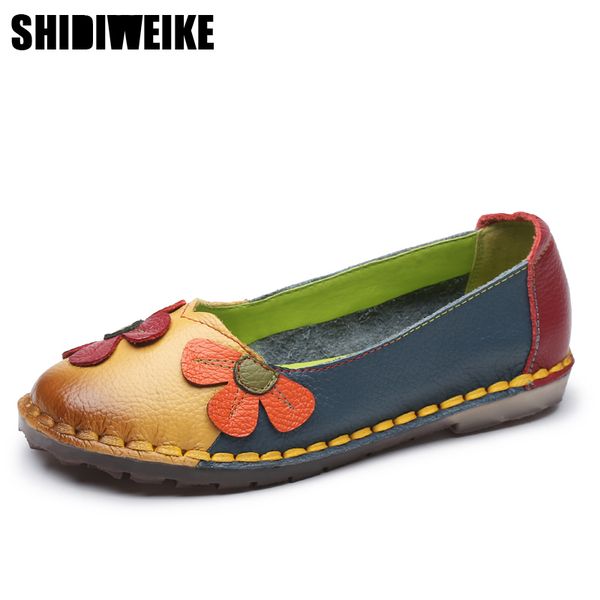

shidiweike autumn fashion flower design round toe mix color flat shoes vintage genuine leather women flats girl loafer m141, Black