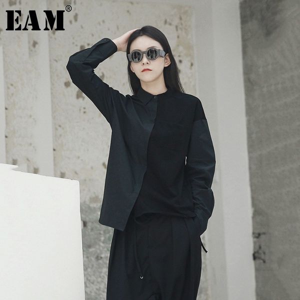 

eam] 2019 new autumn winter lapel long sleeve hit color loose brief irregular stitching shirt women blouse fashion tide jh418, White