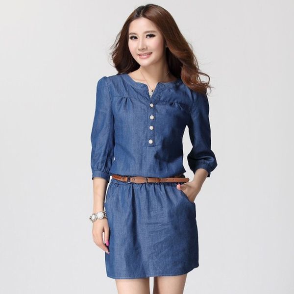 

casual dresses summer denim dress plus size l- 4xl 2021 spring women 3/4 sleeve slim waist jeans with belt, Black;gray