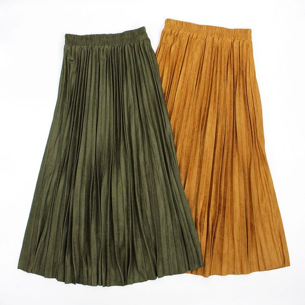 

autumn winter women long skirt jupe longue suede pleated skirts a line maxi khaki skirt elastic waist jupe plissee femme, Black