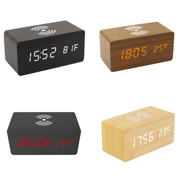

new multi-function alarm clock wireless charger wooden clock for apple samsung huawei smart phone