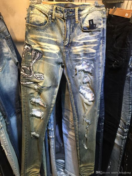 

новое поступление мужские дизайнерские синие джинсы змеи патч стиль отверстие модные джинсы тонкий мотоцикл байкер причинно хип-хоп высокое, Blue