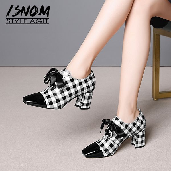 

isnom plaid high heels women pumps lace up square toe footwear cow leather ladies shoes fashion scottish shoes woman spring 2019, Black