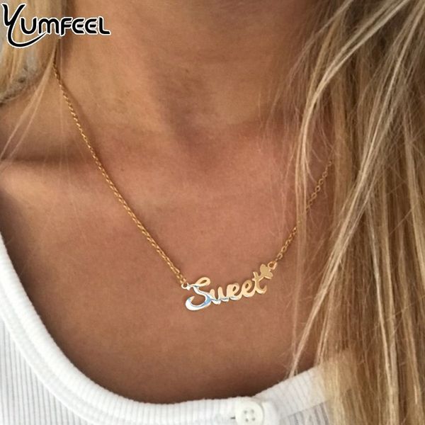 

yumfeel new stainless steel letter alphabet pendant necklace gold chain sweet choker necklaces women jewelry, Silver