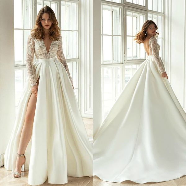 

modest long sleeve 2020 satin wedding dresses a line deep v neck side split bridal gowns backless country wedding gown, White
