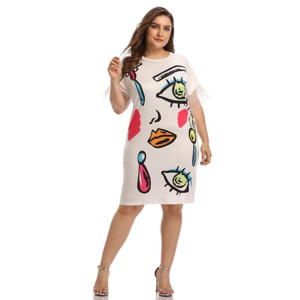 

женская печать плюс размер сладкий милый платье женский весна лето с коротким рукавом круглый вырез повседневные свободные кружева жир плать, Black;gray