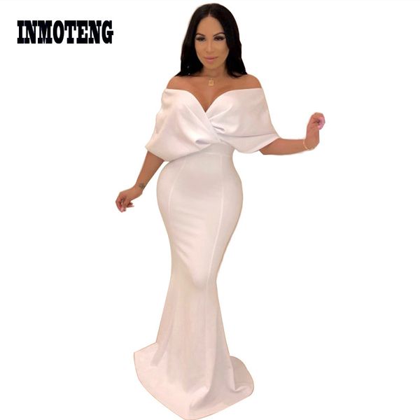 

inmoteng new 2019 women off shoulder plunging v-neck tie up half sleeve high waist floor length party maxi mermaid dress 4 color, Black;pink