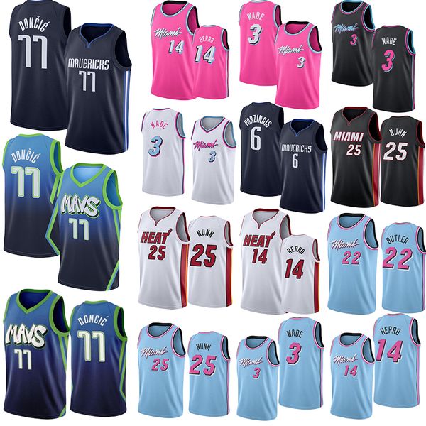 

dwyane 3 wade luka 77 doncic jimmy 22 butler tyler 14 herro kendrick 25 nunn kristaps 6 porzingis men college basketball jerseys, Black;red