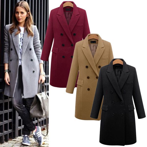 

womens winter lapel wool coat trench jacket long parka overcoat outwear women's fashion leisure mosaic coat 2019, Black