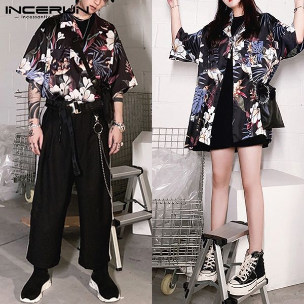 

incerun men floral short sleeve shirts summer vacation loose lapel shirt man hawaiian beach casual japanese kimono camisa, White;black