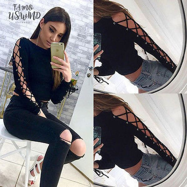 

black t shirt women long sleeve cold shoulder 20206 autumn loose tees ladies round neck cut out bandage sleeve, White