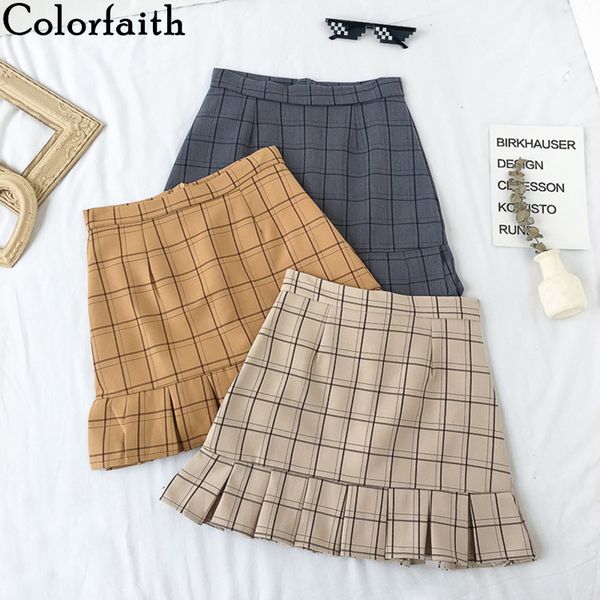 

colorfaith new 2019 women autumn winter ruffles plaid sweet empire ladies fashion a-line elegant package hip mini skirt sk619, Black;gray