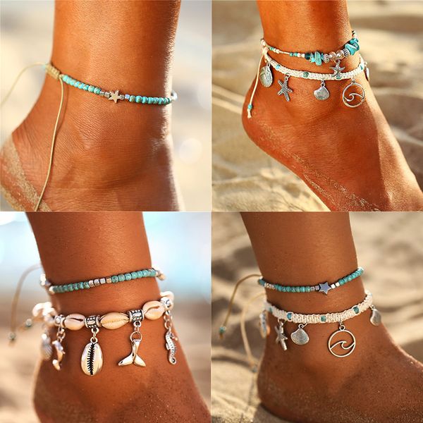 

if me bohemian star beads stone anklets for women vintage woven rope pendant bracelet on leg anklet beach ankle jewelry new gift, Red;blue