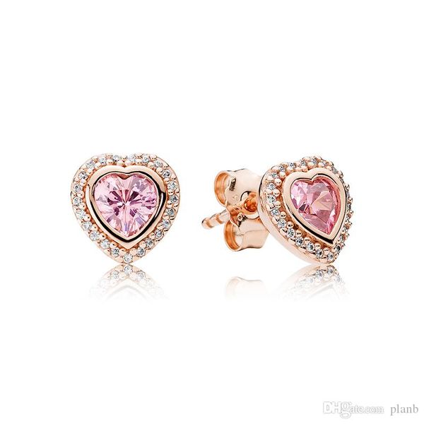 

s925 sterling silver pink love heart 18k rose gold plated earring with original box fit pandora jewelry stud earring women wedding gift, Golden;silver