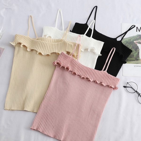 

2019 new design women versatile sweet knit camisole summer off shoulder slim solid color strap camisole*, White
