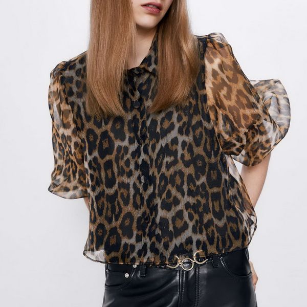 

women leopard blouse shirt autumn 2019 new fashion transparent organza shirt modern lady ruffle sleeve shirts, White