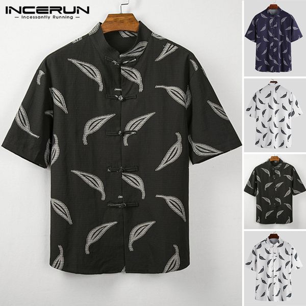 

mens short sleeve shirt chinese style printed shirts man ethnic loose buckle blouse casual summer stand collar retro camisa, White;black