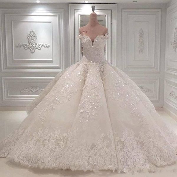 

luxury sweetheart neck wedding dresses lace appliques ball gown sweep train bridal gowns vestido de novia bc0388, White