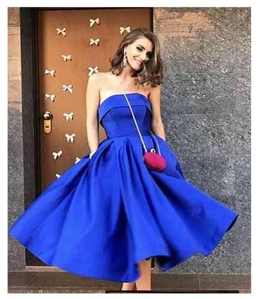 Royal Blue Strapless Vestidos Homecoming Vestidos Ruched Plisss Chá Comprimento Do Chá Cetim Lace Up Back Formal Desgaste De Noite Vestido De Prom Bola Plus Size 25