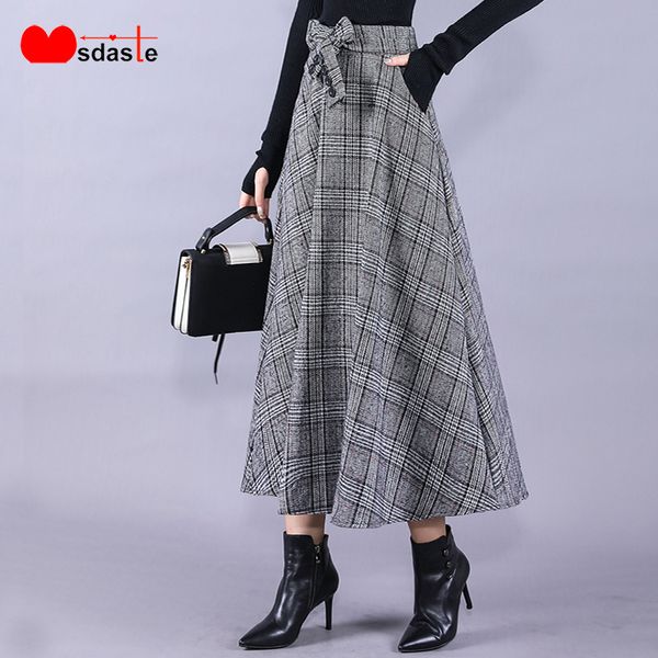

winter woolen skirts women 2019 high waist female belted saia plus size s~4xl vintage plaid midi jupe long office woman skirt, Black;gray