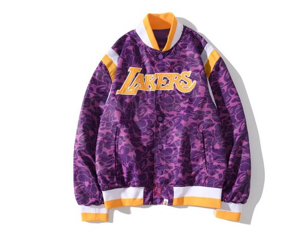 

spring 2020 new popular logo co-branded lakers purple baseball jacket for men and women jacket coat, Black;brown
