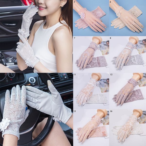 

summer lady lace sunscreen gloves solid short thin stretch touch screen anti uv slip resistant driving glove breathable guantes, Blue;gray