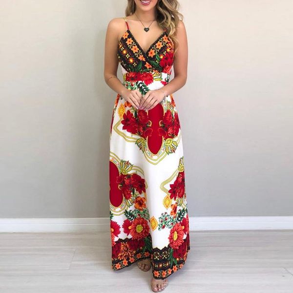 

casual dresses boho floral print women holiday beach long dress sundress v neck high waist backless summer maxi spaghetti strap, Black;gray