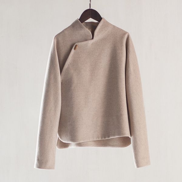 2015 winter women brand chinese style slant collar short wool coat overcoat vintage brief grey woolen jacket coats, Black