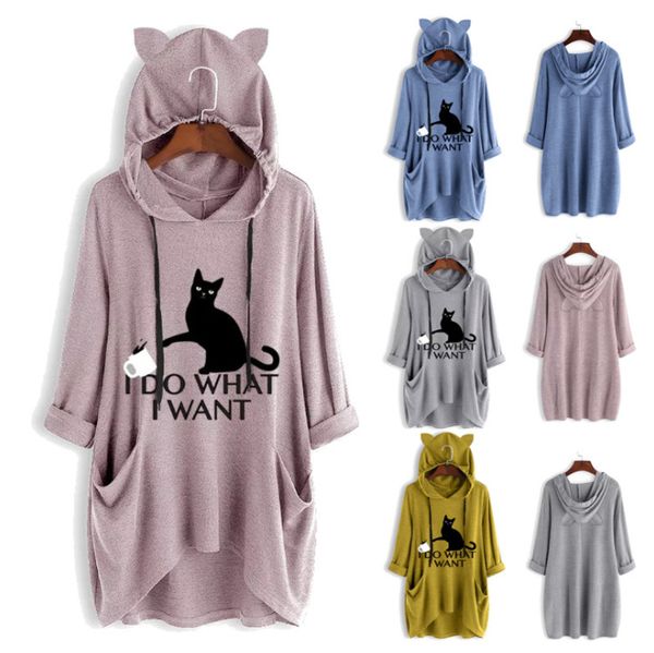 

2019 new loose large hat wear long sleeve hat irregular cats print womens wear size s - 5xl, Black