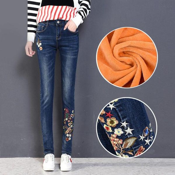

xxs-3xl plus size factory direct 2020 winter thicker embroidery jeans female high waist warm trousers stretch jeans w1921, Blue