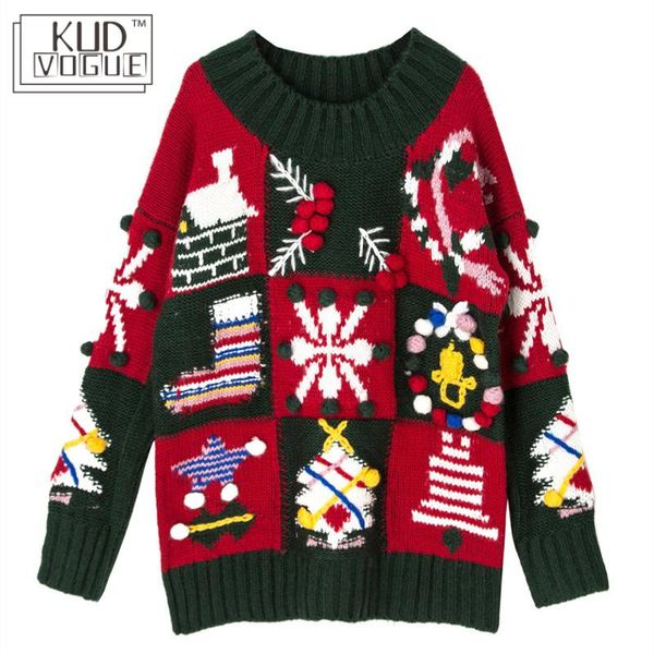 

ugly christmas red sweater korean jumper pullover women oversize rainbow knitted sweater winter snowflake print green streetwear, White;black